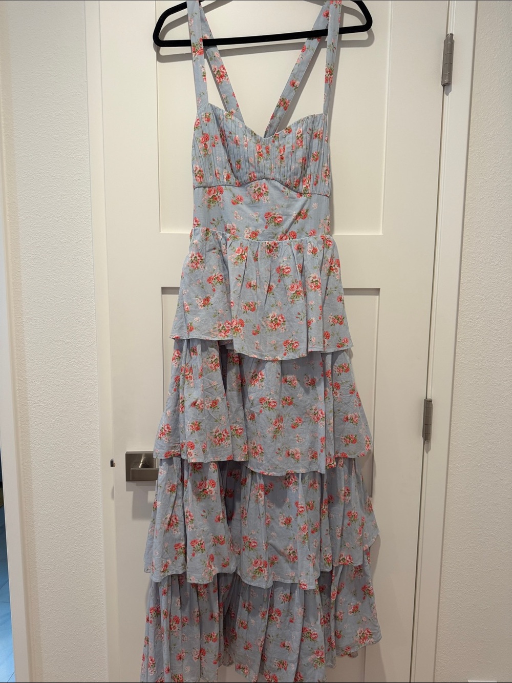 Abercrombie & Fitch Light Blue Floral Tiered Maxi Dress with Pink Rose Print